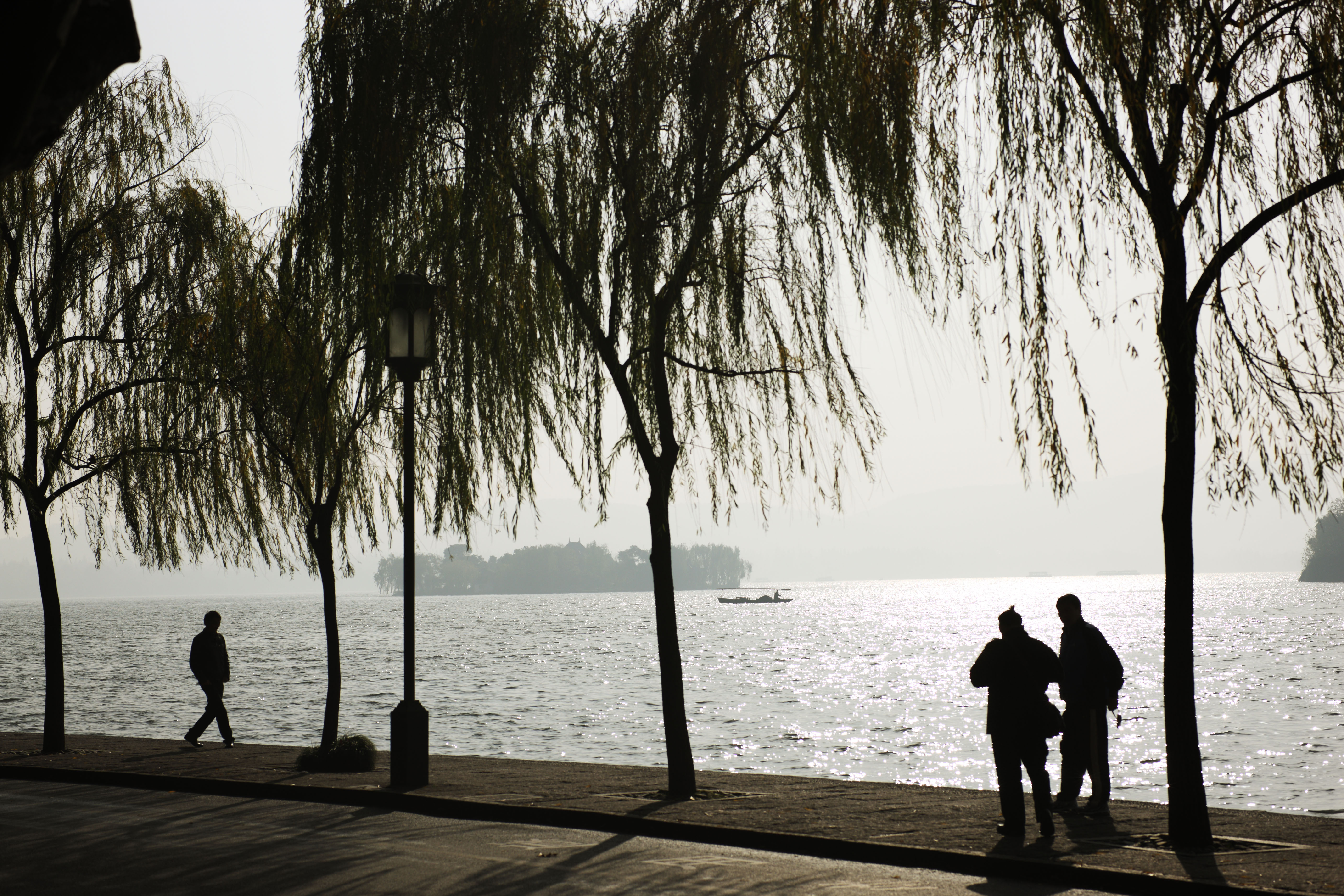 photo, la matire, libre, amnage, dcrivez, photo de la rserve,Xi-hu lac, Une le, silhouette, surface d'un lac, bateau