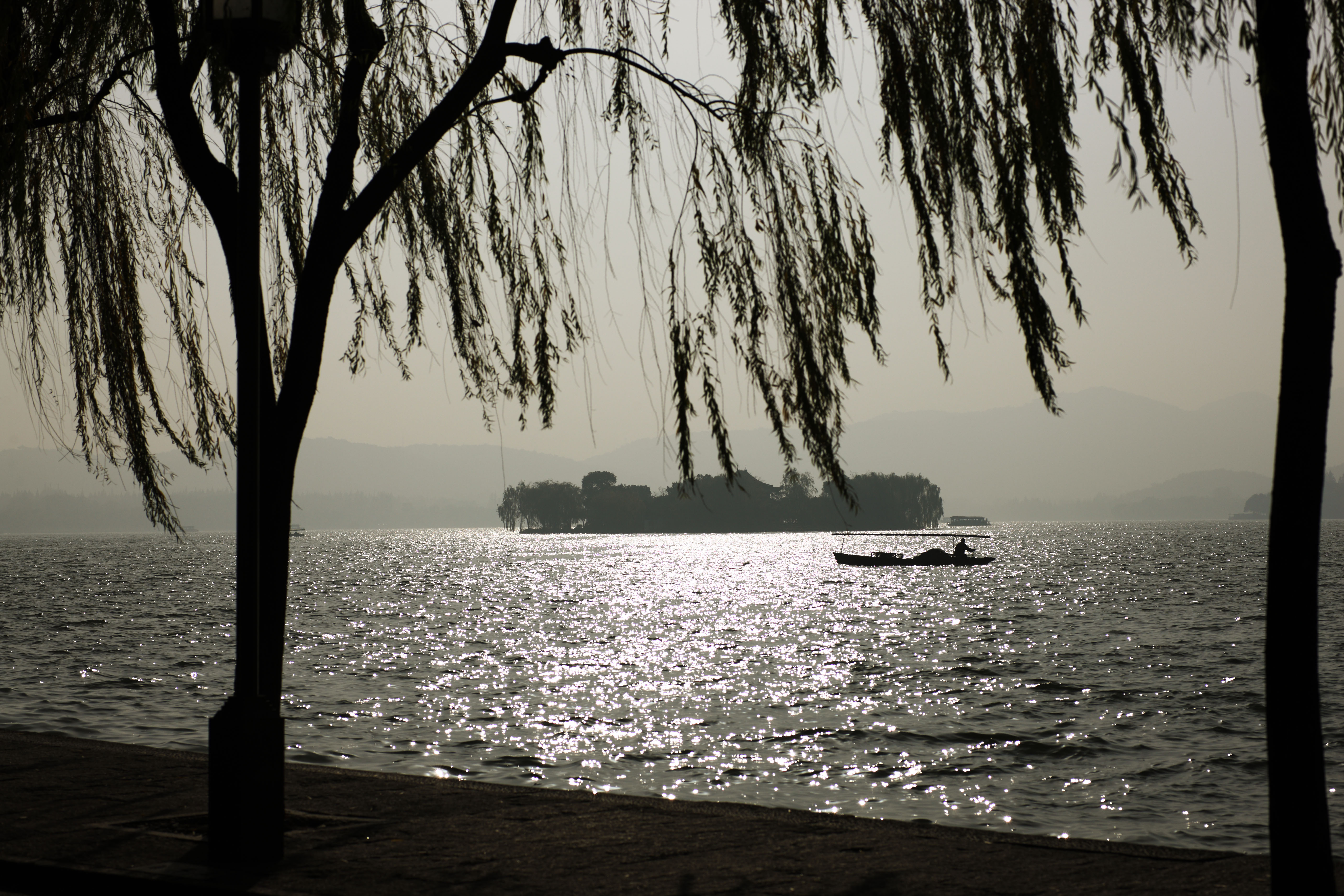 photo, la matire, libre, amnage, dcrivez, photo de la rserve,Xi-hu lac, Une le, silhouette, surface d'un lac, bateau