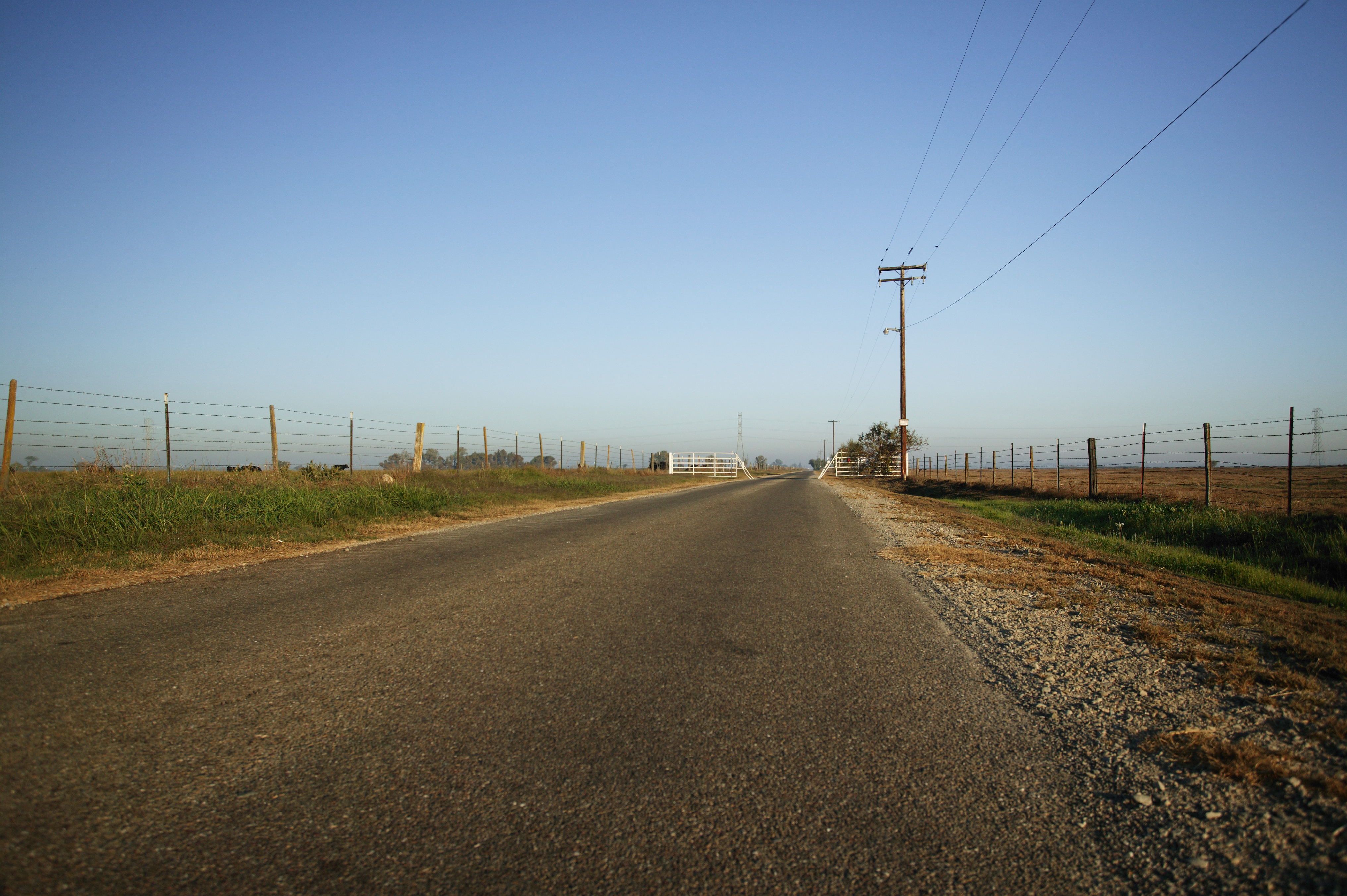 photo,material,free,landscape,picture,stock photo,Creative Commons,Farm road, ranch, Asphalt, telephone pole, fence