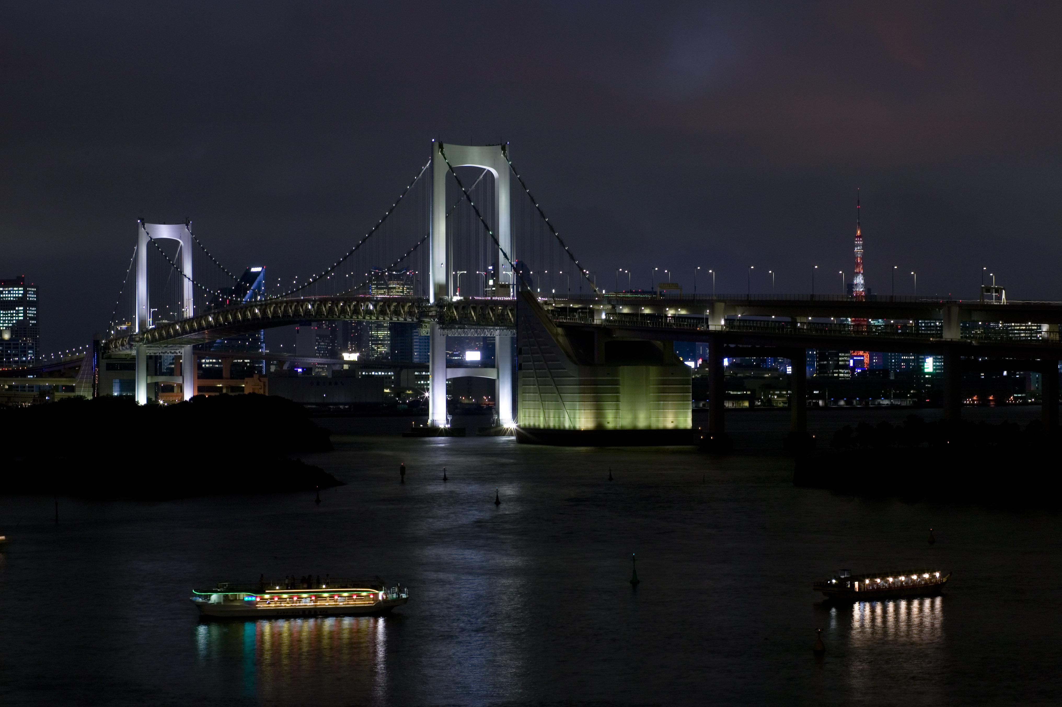 Foto, materieel, vrij, landschap, schilderstuk, bevoorraden foto,De avond van Rainbow Bridge, Gebouw, Tokio Toren, Genoegen boot, Tokio Baai