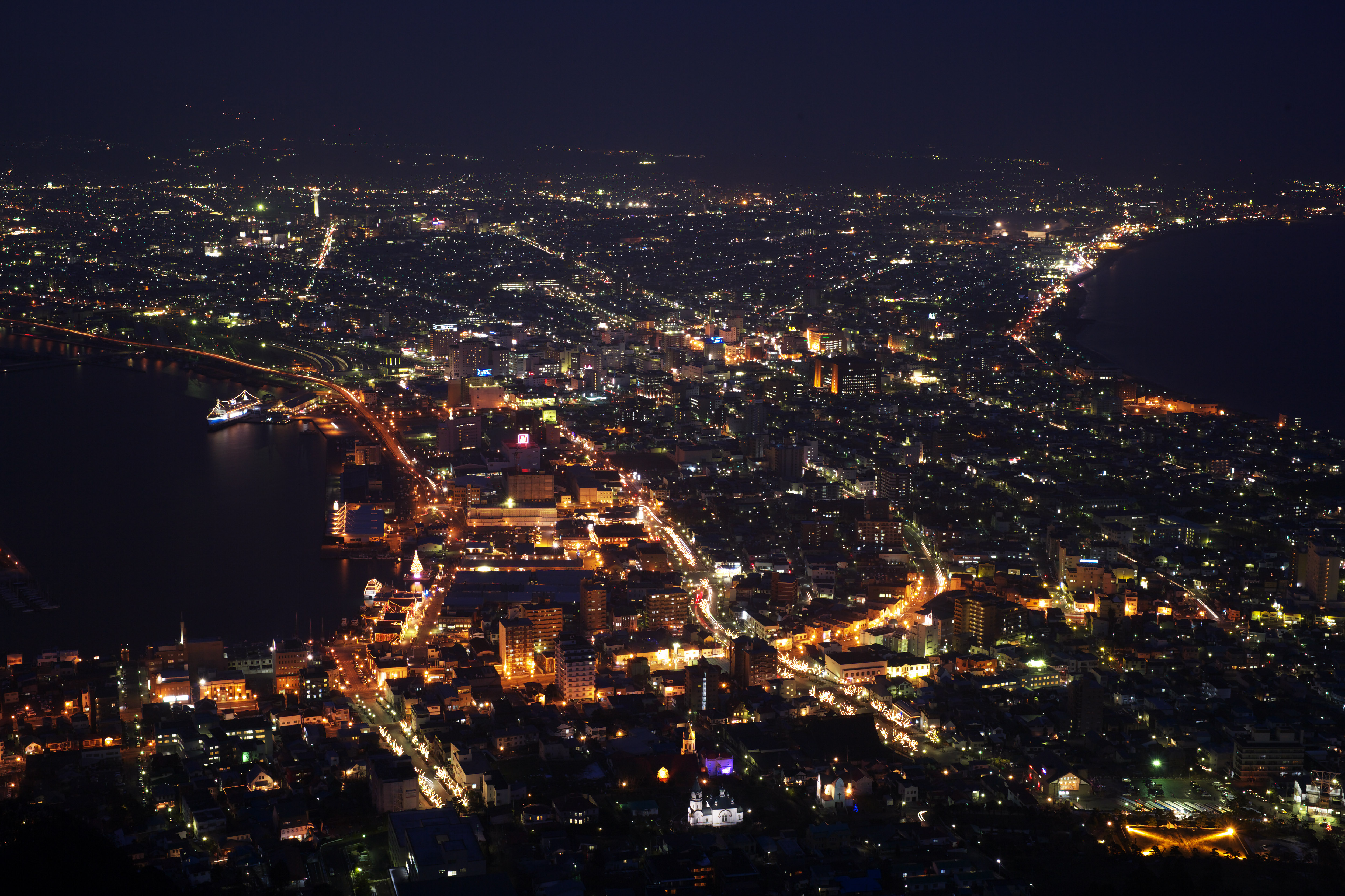 fotografia, material, livra, ajardine, imagine, proveja fotografia,Uma viso noturna de Mt. Hakodate-yama, Iluminaes, Um observatrio, luz de cidade, a cidade de porto