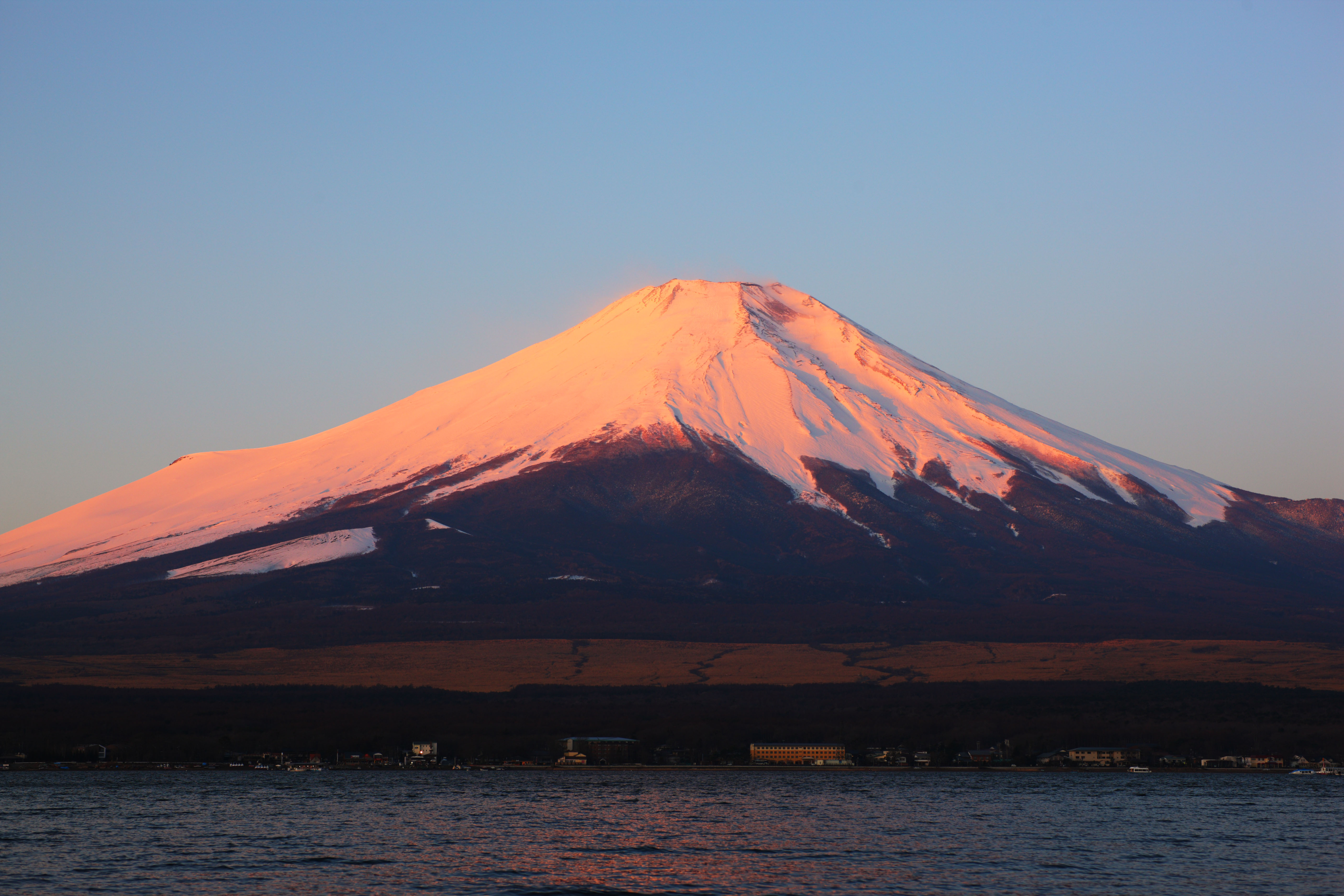 fotografia, material, livra, ajardine, imagine, proveja fotografia,Fuji vermelho, Fujiyama, As montanhas nevadas, superfcie de um lago, O brilho matutino