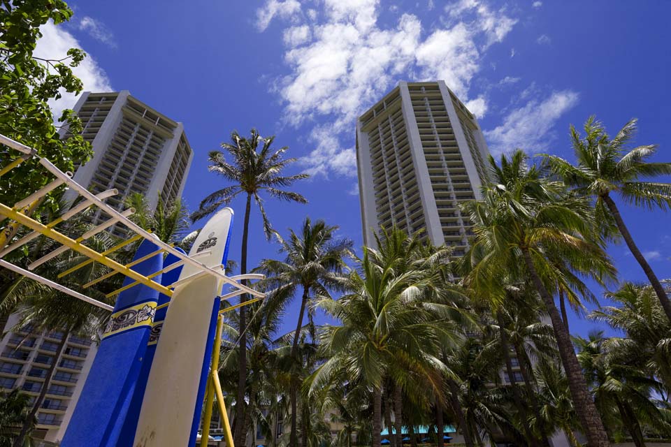 fotografia, material, livra, ajardine, imagine, proveja fotografia,Hotel de Waikiki, praia, prancha de surfe, cu azul, construindo