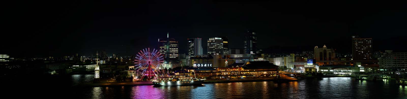 photo, la matire, libre, amnage, dcrivez, photo de la rserve,Kobe port nuit vue balayage de l'oeil, port, Ferris roue, bateau du plaisir, attraction touristique