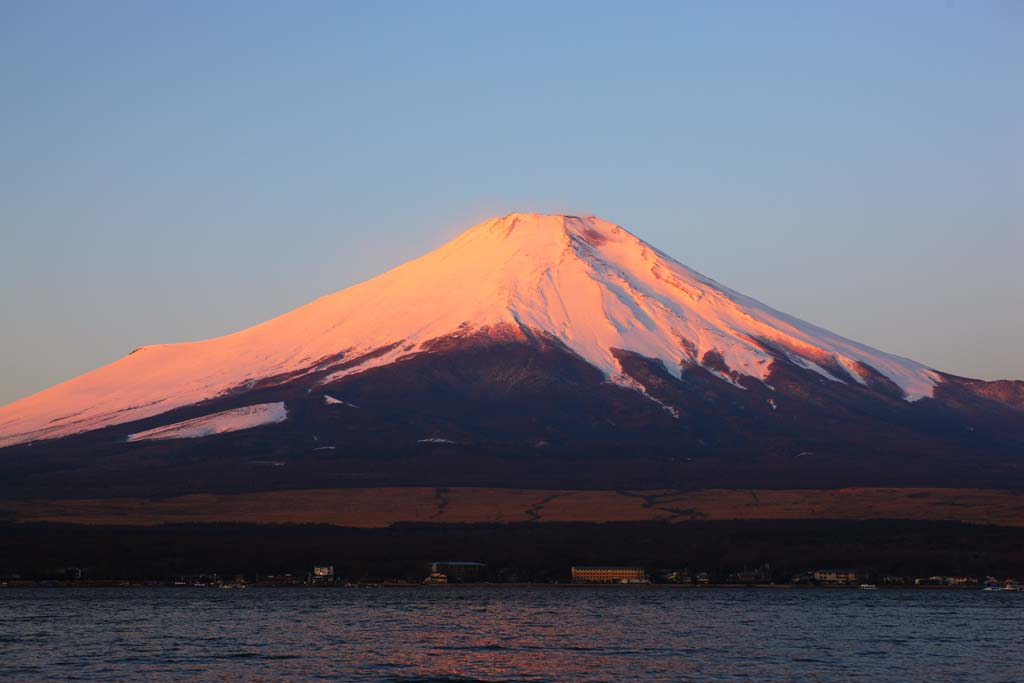 foto,tela,gratis,paisaje,fotografa,idea,Fuji rojo, Fujiyama, Las montaas cubiertas de nieve, Superficie de un lago, El brillo matutino