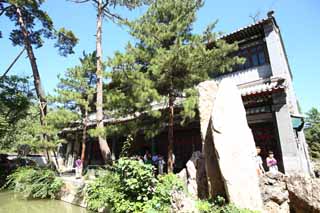 photo,material,free,landscape,picture,stock photo,Creative Commons,Summering mountain cottage WenjinPavilion, pond, Storage of four complete works, pine, Ch'ing