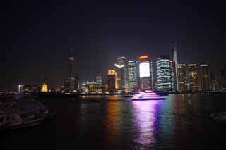 Foto, materieel, vrij, landschap, schilderstuk, bevoorraden foto,Een avond uitzicht van Sjanghai, Horloge naar het oosten maken bal trein aan; Een toren, Rivier, Neon, Ik maak het boven aan