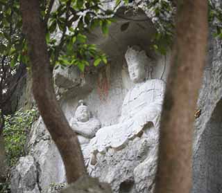 Foto, materiell, befreit, Landschaft, Bild, hat Foto auf Lager,Ein HangzhouLingyingTemple-Bild von Buddha schrieb auf die polierte Klippe, Buddhismus, Ishibotoke, Buddhistisches Bild, Faith