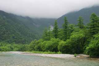 fotografia, materiale, libero il panorama, dipinga, fotografia di scorta,Mt. Hotaka vede dal Fiume di Azusa, fiume, albero, acqua, montagna