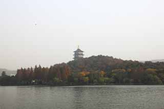 fotografia, material, livra, ajardine, imagine, proveja fotografia,Xi-hu lago, navio, Saiko, torre de cume de trovo, Folhas coloridas