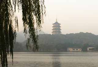 fotografia, materiale, libero il panorama, dipinga, fotografia di scorta,Xi-hu il lago, torre di vetta di tuono, Saiko, salice, 