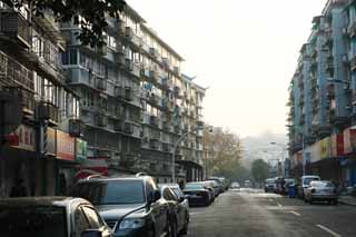 fotografia, material, livra, ajardine, imagine, proveja fotografia,Fila de casas ao longo de uma rua de cidade de Hangzhou, Um apartamento, Alojamento de Multifamily, Roupa suja, janela