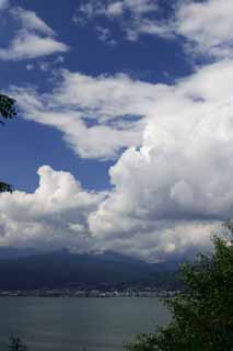photo, la matire, libre, amnage, dcrivez, photo de la rserve,Suwa Lake en t, nuage, ciel bleu, lac, montagne