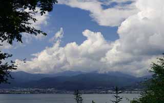 photo, la matire, libre, amnage, dcrivez, photo de la rserve,Suwa Lake en t, nuage, ciel bleu, lac, montagne