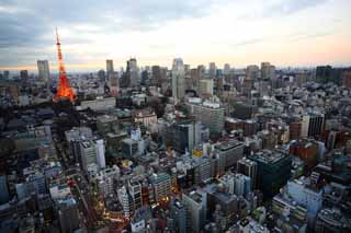 Foto, materieel, vrij, landschap, schilderstuk, bevoorraden foto,Tokio avond uitzicht, Gebouw, De benedenstad wijk, Tokio Toren, Toranomon