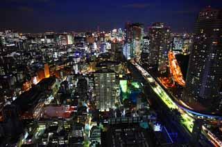 fotografia, material, livra, ajardine, imagine, proveja fotografia,Tquio viso noturna, construindo, A rea de centro da cidade, Shiodome, A via expressa Metropolitana