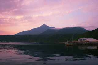 fotografia, material, livra, ajardine, imagine, proveja fotografia,Mt. Rishiri-fuji em brilho de amanhecer, superfcie de gua, montanha, cu, Oshidomari que pesca porto