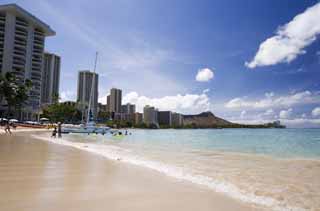 fotografia, material, livra, ajardine, imagine, proveja fotografia,Waikiki encalham, praia arenosa, praia, onda, cu azul