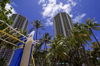 Foto, materiell, befreit, Landschaft, Bild, hat Foto auf Lager,Waikiki-Hotel, Strand, Surfboard, blauer Himmel, Gebude