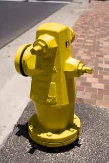 Foto, materieel, vrij, landschap, schilderstuk, bevoorraden foto,EEN USA vuur hydrant, Vuur brandkraan af, Weg, Geel, USA