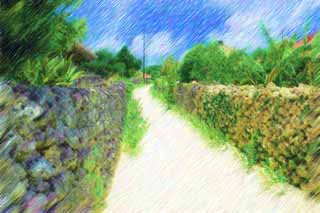 illust, matire, libre, paysage, image, le tableau, crayon de la couleur, colorie, en tirant,Un chemin de mur Ishigaki, Entasser-pierres, barre du sable, pays du sud, Okinawa