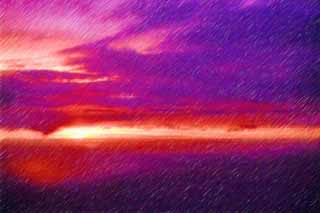 illust, materiell, befreit, Landschaft, Bild, Gemlde, Farbbleistift, Wachsmalstift, Zeichnung,,Ein purpurroter Sonnenuntergang, Purpurrot, Rot, Die Rahmensonne, Die Sonne