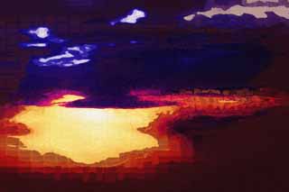 illust, materiell, befreit, Landschaft, Bild, Gemlde, Farbbleistift, Wachsmalstift, Zeichnung,,Ein purpurroter Sonnenuntergang, Purpurrot, Rot, Die Rahmensonne, Die Sonne