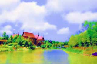 illustration,material,free,landscape,picture,painting,color pencil,crayon,drawing,A waterside of a sea bream-like building, Thai land, sebream, roof, river