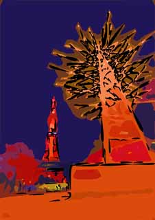 illust, materiale, libero panorama, ritratto dipinto, matita di colore disegna a pastello, disegnando,La notte di un parco stradale e principale, Luminarie, torre di onda elettrica, parco, luce