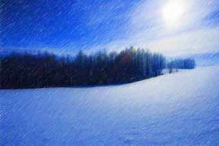 illust, materiale, libero panorama, ritratto dipinto, matita di colore disegna a pastello, disegnando,Un campo nevoso, cielo blu,  nevoso, campo nevoso, Il sole