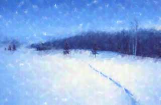 illust, materiell, befreit, Landschaft, Bild, Gemlde, Farbbleistift, Wachsmalstift, Zeichnung,,Zur anderen Seite eines schneebedeckten Feldes, blauer Himmel, Fuabdruck, schneebedecktes Feld, Es ist schneebedeckt
