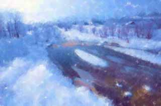illust, materiale, libero panorama, ritratto dipinto, matita di colore disegna a pastello, disegnando,Il fiume che pu essere gelatosi, fiume, Acqua, campo nevoso,  nevoso