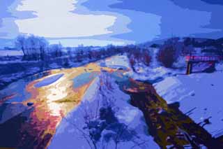 illustration,material,free,landscape,picture,painting,color pencil,crayon,drawing,The river which can be frozen, river, Water, snowy field, It is snowy