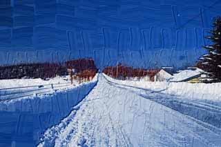 illust, material, livram, paisagem, quadro, pintura, lpis de cor, creiom, puxando,Uma estrada coberto de neve linha direta, Estradas frias, cu azul, campo nevado, Est nevado