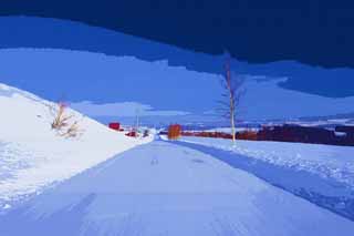 Illust, materieel, vrij, landschap, schilderstuk, schilderstuk, kleuren potlood, crayon, werkje,Een sneeuw-overdekte straat rechte, Ijzige wegen, Blauwe lucht, Besneeuwd veld, Het is besneeuwd