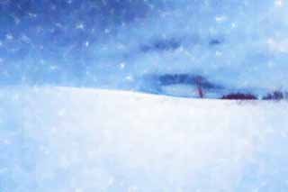 illust, materiale, libero panorama, ritratto dipinto, matita di colore disegna a pastello, disegnando,Un campo nevoso, campo nevoso, montagna, albero, cielo blu