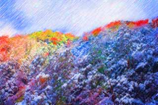 illust, materiale, libero panorama, ritratto dipinto, matita di colore disegna a pastello, disegnando,Kinkazan nevoso, montagna, Foglie colorate,  vuoto, albero