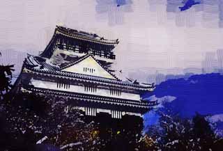 Illust, materieel, vrij, landschap, schilderstuk, schilderstuk, kleuren potlood, crayon, werkje,Gifu kasteel, Ishigaki, Blauwe lucht, Kasteel, Blanke