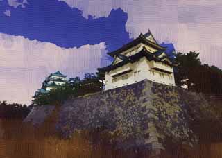 illust, materiale, libero panorama, ritratto dipinto, matita di colore disegna a pastello, disegnando,Nagoya-jo il Castello, picca di balena mortale, castello, La torre di castello, Ishigaki