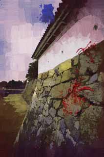 illust, materiale, libero panorama, ritratto dipinto, matita di colore disegna a pastello, disegnando,Nagoya-jo il Castello, fossato, castello, muro di castello, Ishigaki