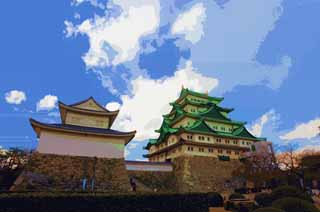 illust, materiale, libero panorama, ritratto dipinto, matita di colore disegna a pastello, disegnando,Nagoya-jo il Castello, picca di balena mortale, castello, La torre di castello, Ishigaki