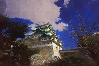 illust, material, livram, paisagem, quadro, pintura, lpis de cor, creiom, puxando,Nagoya-jo Castelo, pique de baleia assassina, castelo, A torre de castelo, 