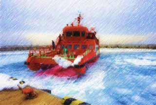illustration,material,free,landscape,picture,painting,color pencil,crayon,drawing,Ship Garinko 2, Drift ice, Ice, port, ship