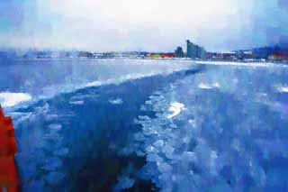 illustration,material,free,landscape,picture,painting,color pencil,crayon,drawing,Crush drift ice, Drift ice, Ice, port, ship