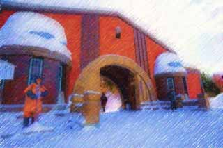 illustration,material,free,landscape,picture,painting,color pencil,crayon,drawing,The Abashiri prison gate, Abashiri prison, The gate, brick, 