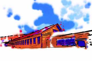 illustration,material,free,landscape,picture,painting,color pencil,crayon,drawing,Five wings radial one-storied house building Fusa, Abashiri prison, prison, , Abashiri land without a lot number