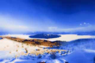 illustration,material,free,landscape,picture,painting,color pencil,crayon,drawing,Kussharo lake from Bihoro Pass, Kussharo lake, It is snowy, snowy field, blue sky