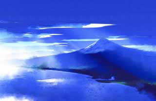 illustration,material,free,landscape,picture,painting,color pencil,crayon,drawing,Mt. Fuji of a shaft of light, shaft of light, cloud, Fuji, The sea