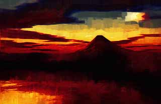 illust, materiale, libero panorama, ritratto dipinto, matita di colore disegna a pastello, disegnando,Fuji rosso, asta di luce, nube, Fuji, Il mare