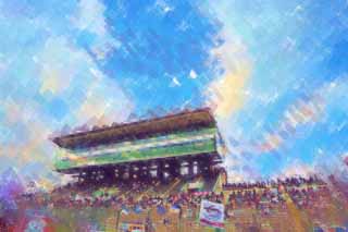 illustration,material,free,landscape,picture,painting,color pencil,crayon,drawing,The sky of Suzuka Circuit, main stadium, blue sky, seat, 